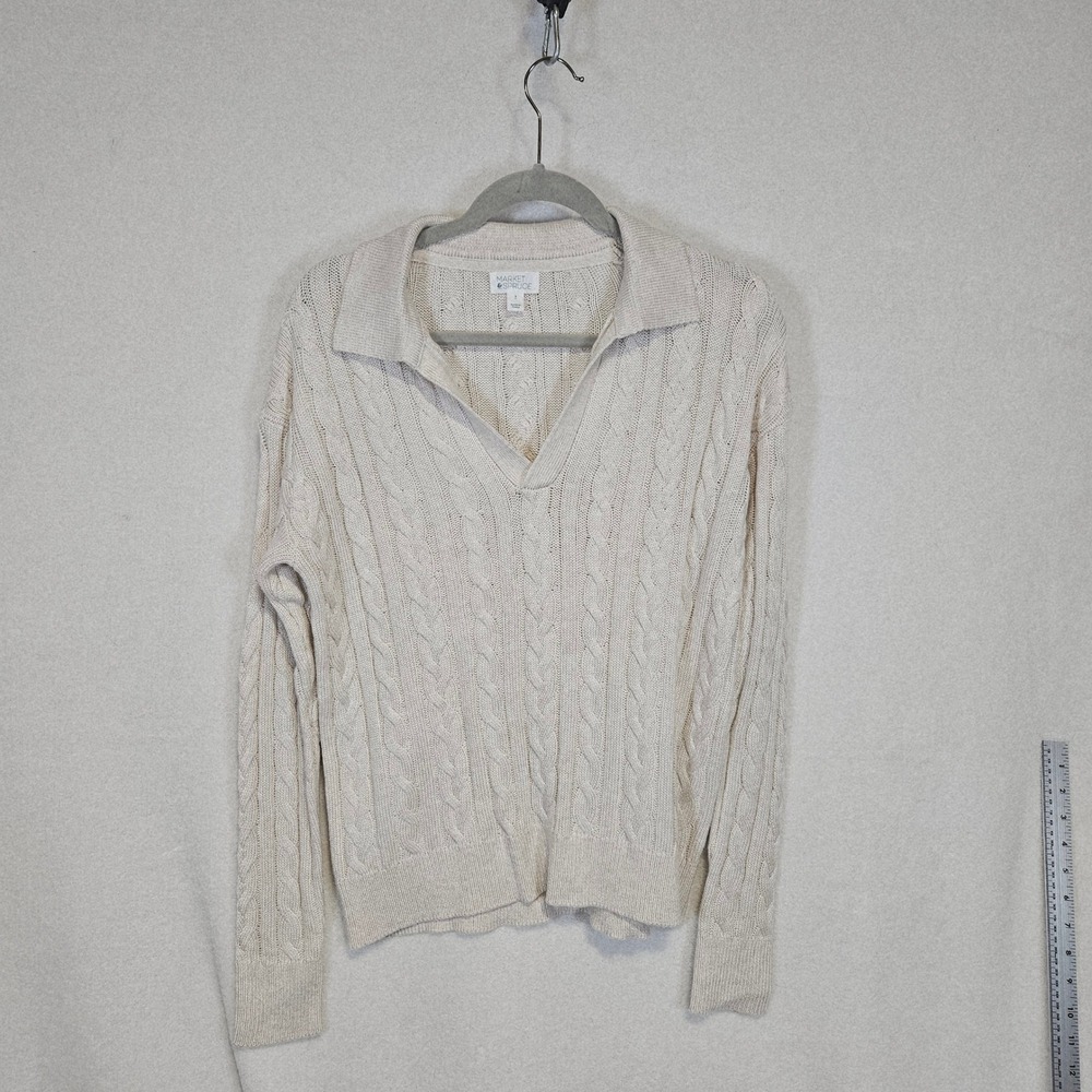Market & Spruce Cream Cable Knit Polo Sweater Silk Cashmere Blend, classic, prep